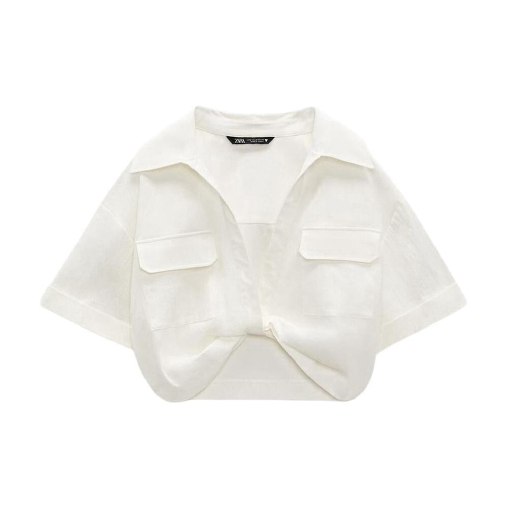 (NWOT) ZARA Ecru Knot Front Crop Shirt | Collared Plunge Blouse – XS